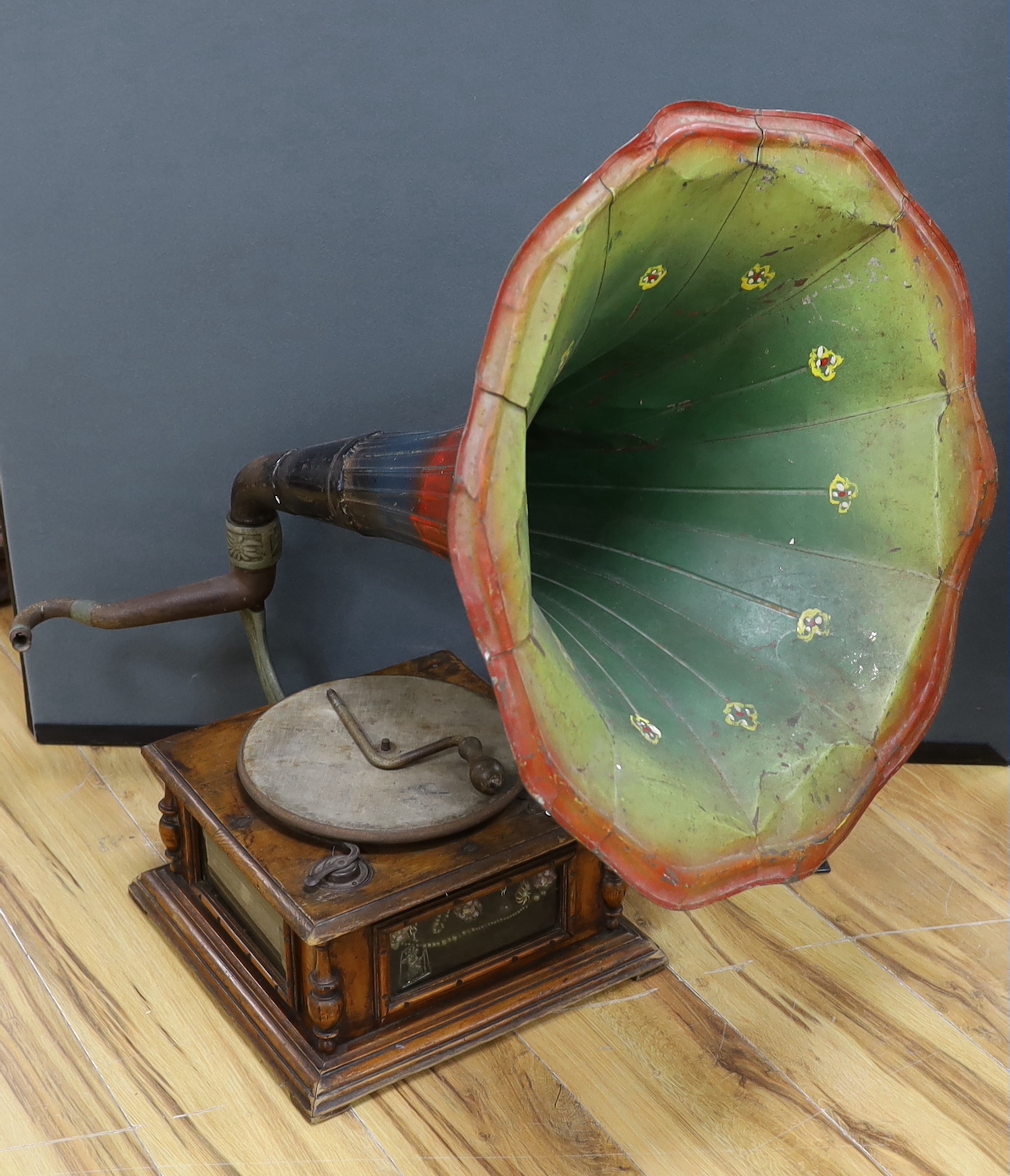 A gramophone player with a large horn, diameter of horn 54cm
